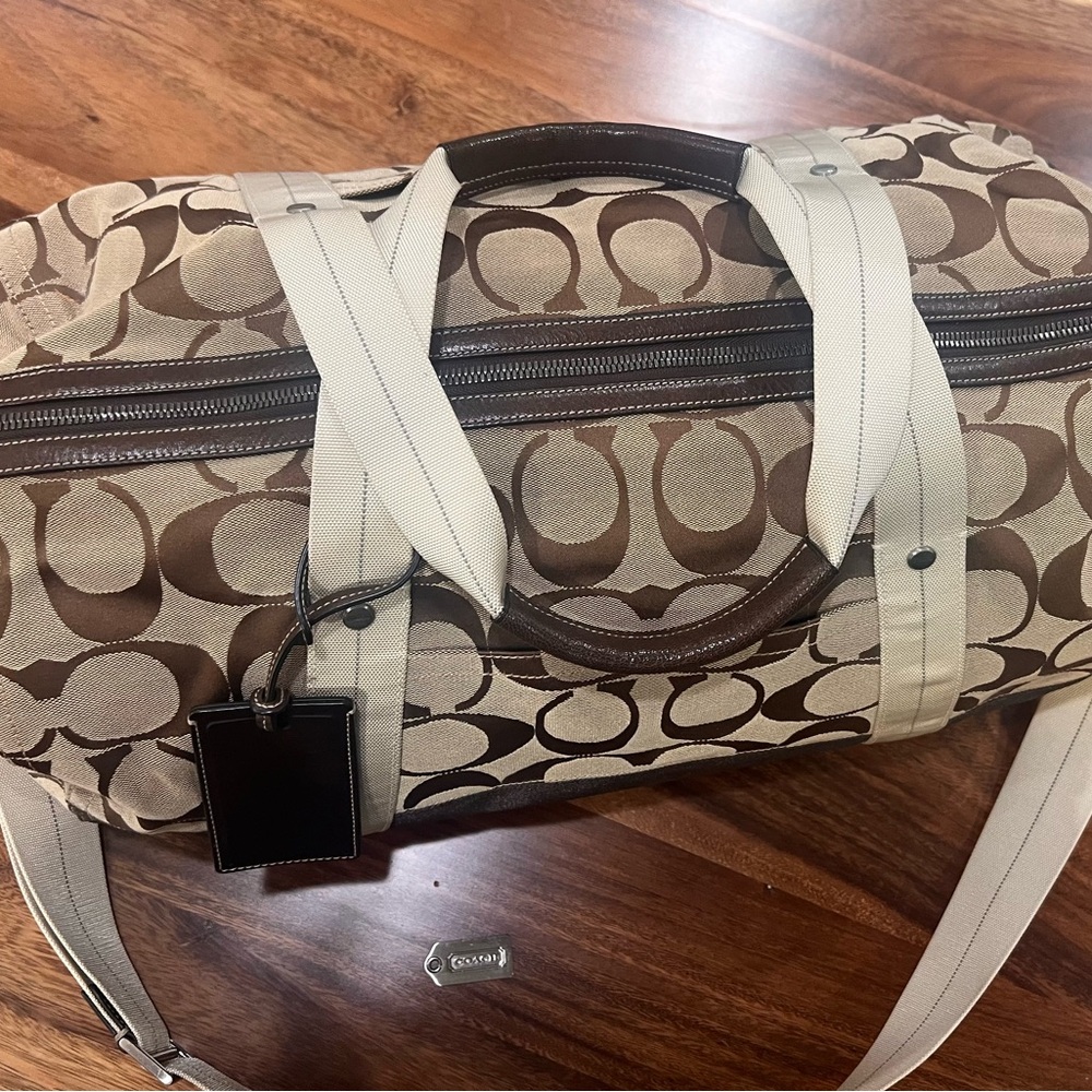 Coach Brown and Tan Duffel Bag with Signature Monogram